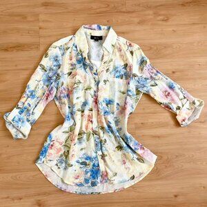 BCX Women Shirt Floral 3/4 Sleeve Button Up Tie Dye Casual Size L